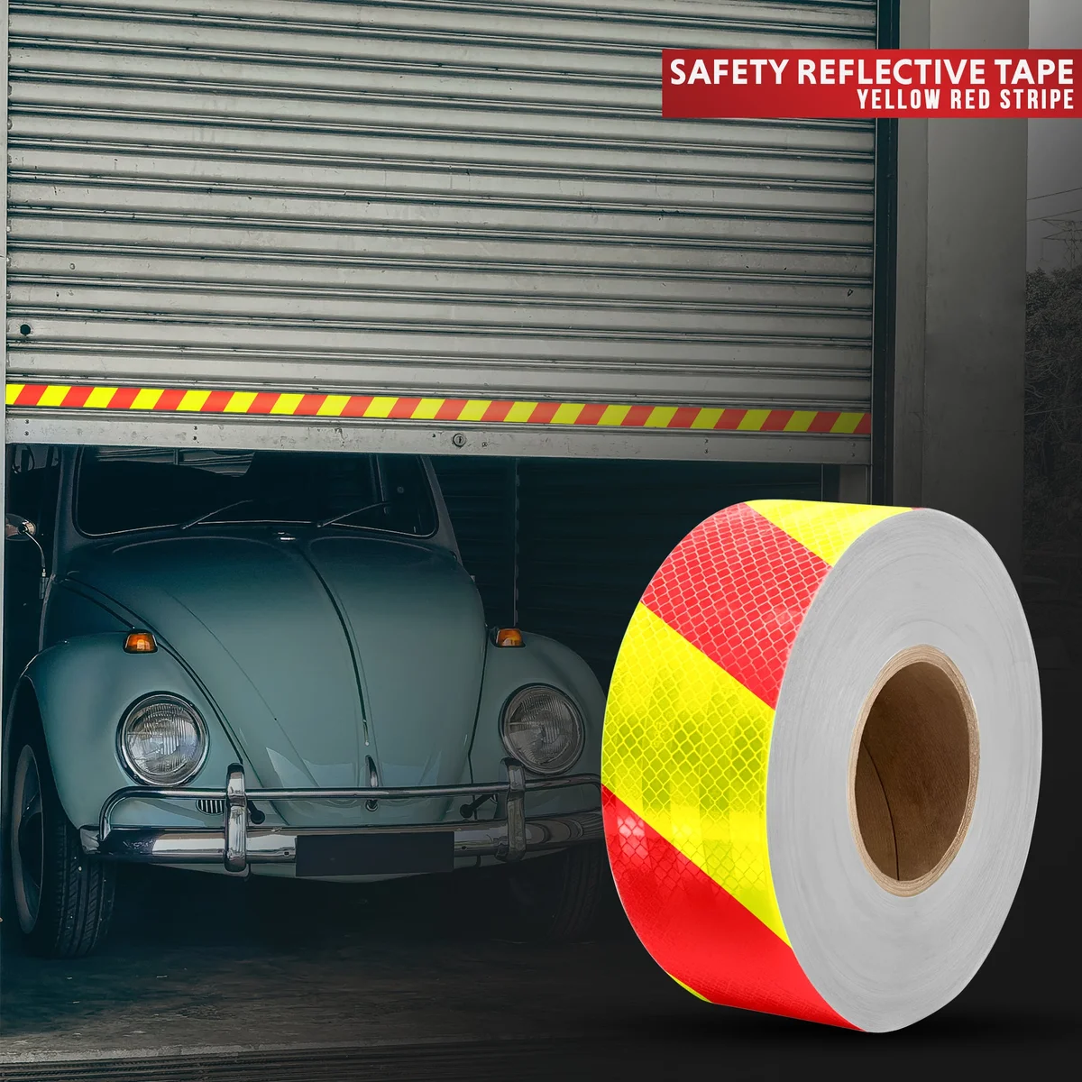 Roll of waterproof reflective safety tape in bright yellow with black hazard stripes, 25m long and 5cm wide