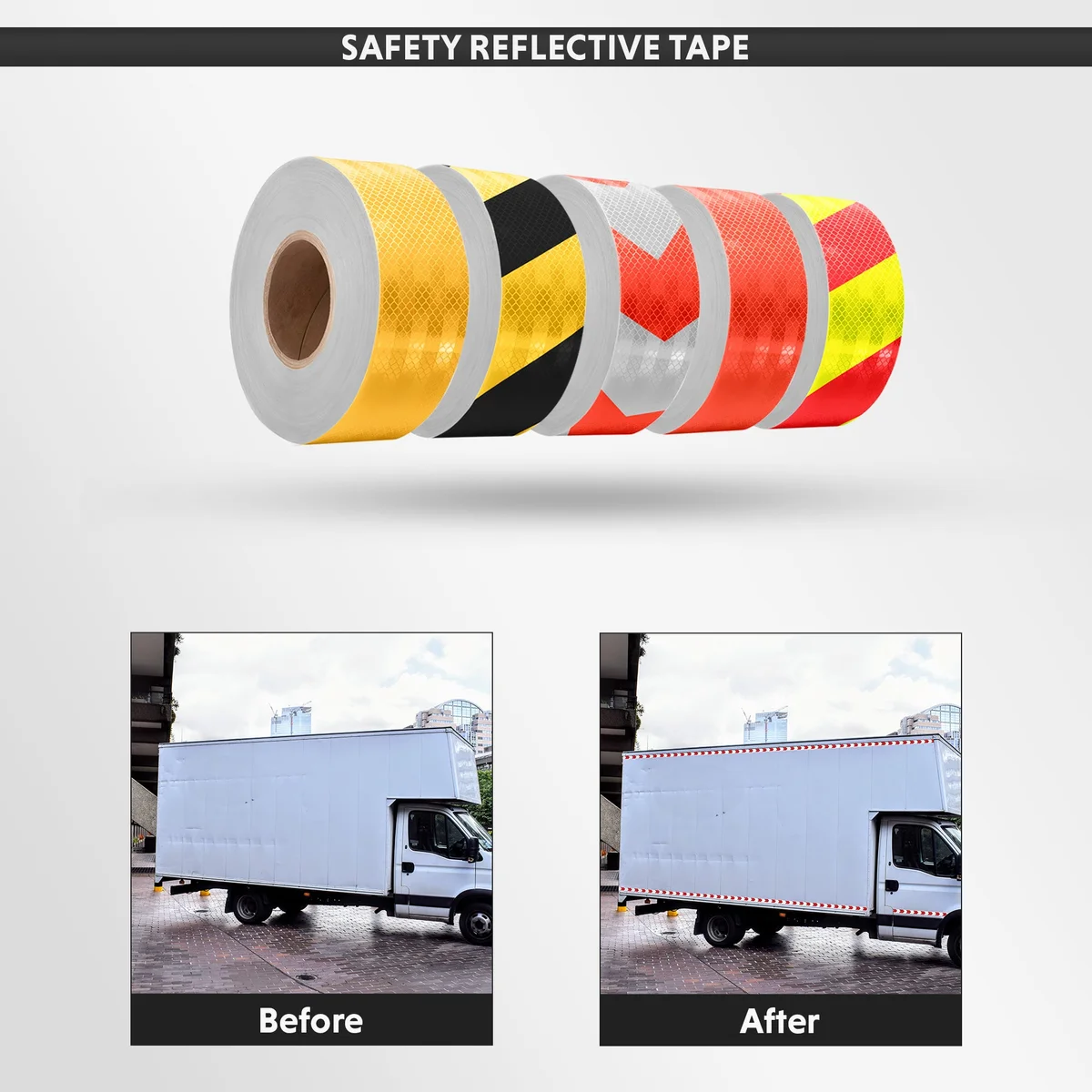 Roll of waterproof reflective safety tape in yellow with black hazard stripes, 25m long and 5cm wide, on white background