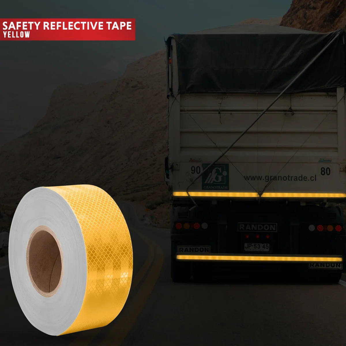 Roll of waterproof reflective safety tape in yellow with black hazard stripes, self-adhesive and weather resistant